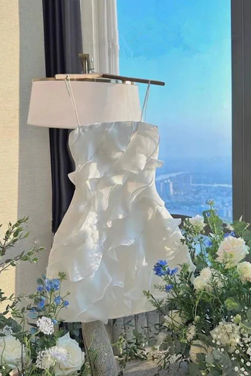 Short Spaghetti Straps White Chiffon Party Dress, Homecoming Dress With Ruffles HZ1023